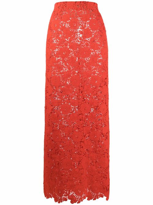 High-waist floral-embroidered skirt - Orange