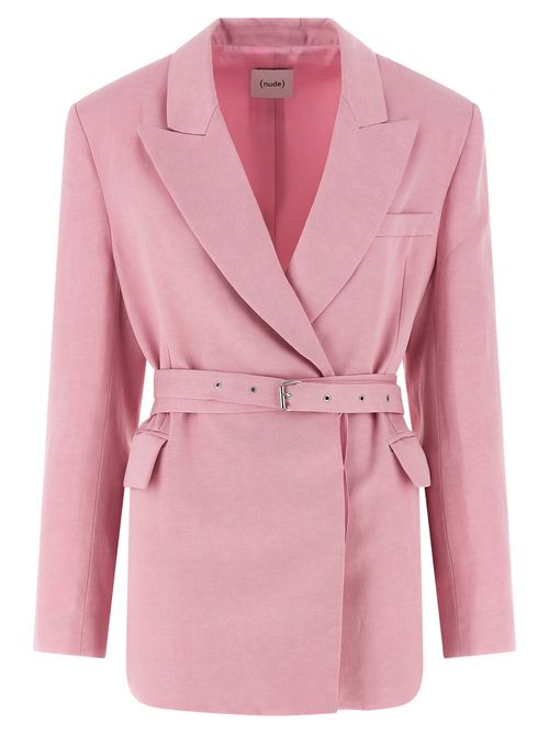 Belt-Cinched Linen-Tencel Blazer — Pink