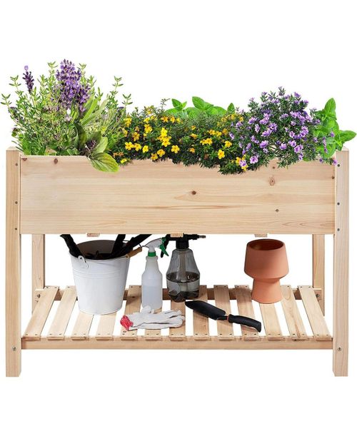 2-Tier Raised Garden Bed Planter Box for Efficient Outdoor Gardening - Natural