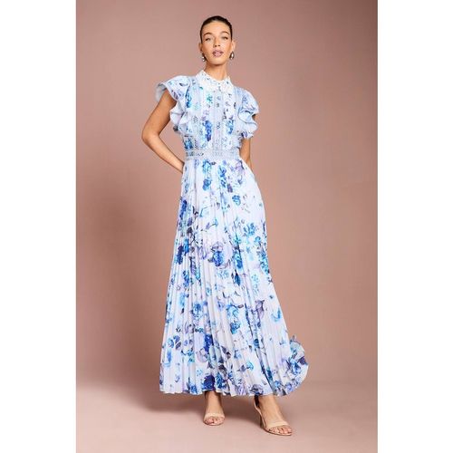 Coast Women's Frill Sleeve Contrast Collar Pleat Skirt Maxi Dress in Blue