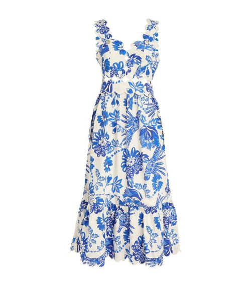 Scallop-Trim Printed Midi Dress