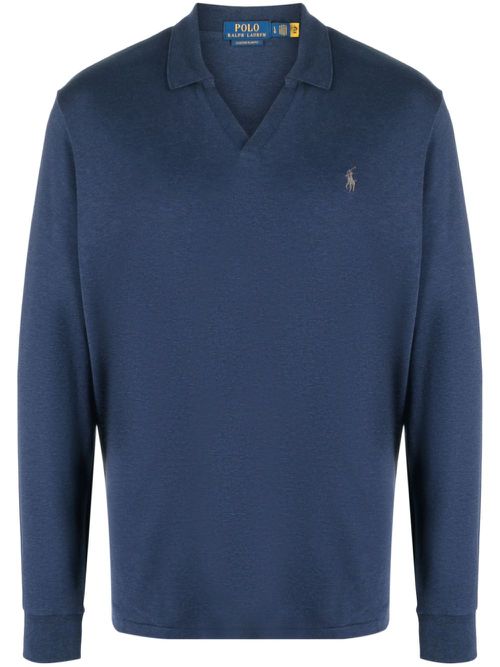 Spread-collar cotton polo shirt - Blue