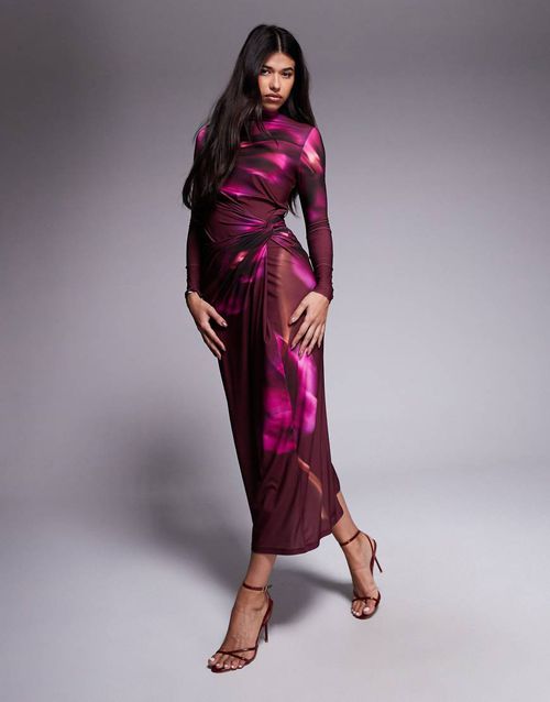 Exclusive high neck maxi dress purple floral print-Multi