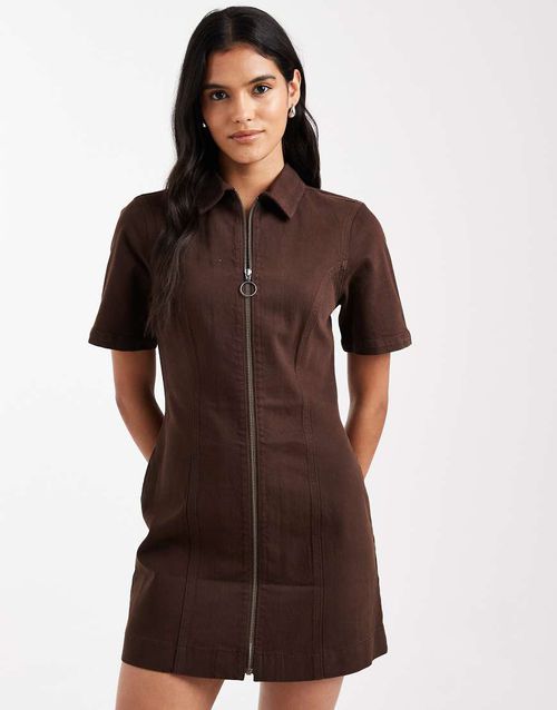 Denim short sleeve mini dress with zip through in chocolate-Brown
