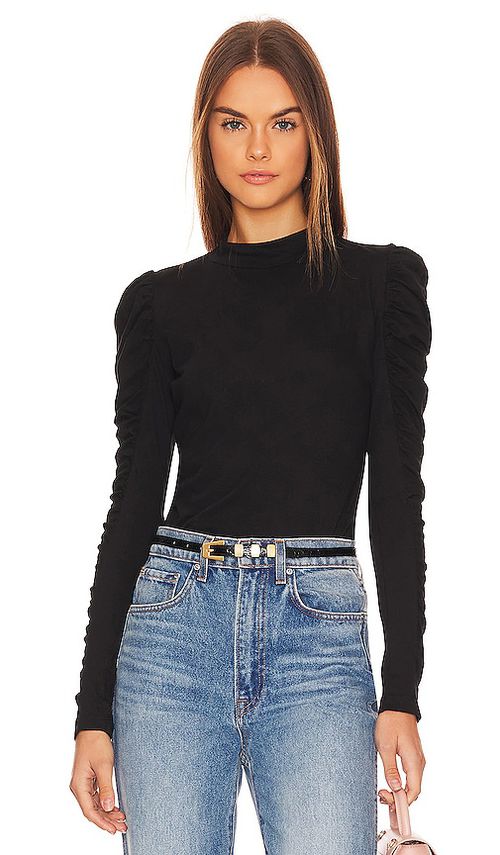 Bobi Shirred Sleeve Turtleneck Top en Black.  L. Also en