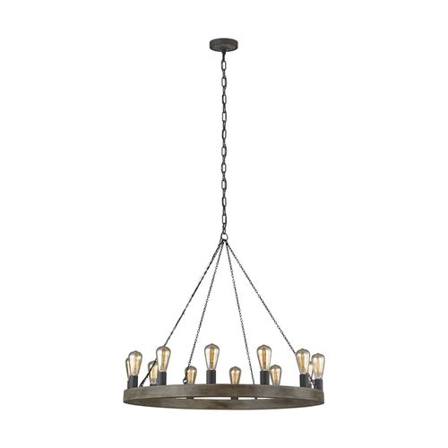 Visual Comfort Studio Avenir 12-Light Chandelier in Weathered Oak Wood And Antique Forged Iron by Sean Lavin