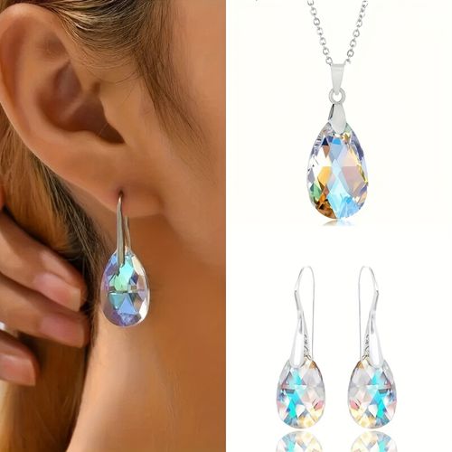TEMU 1/2 Set Elegant Luxury Bohemian Drop Shape Synthetic Zirconia Earrings Necklace Women's Jewelry Set - Suitable For Banquet And Party Wear