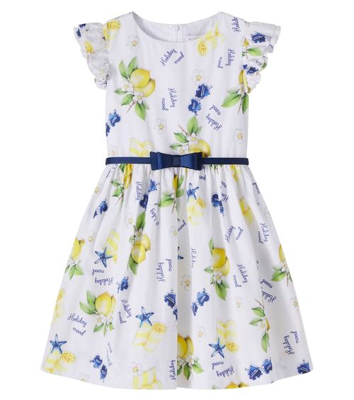 Belted printed ruffled cotton dress