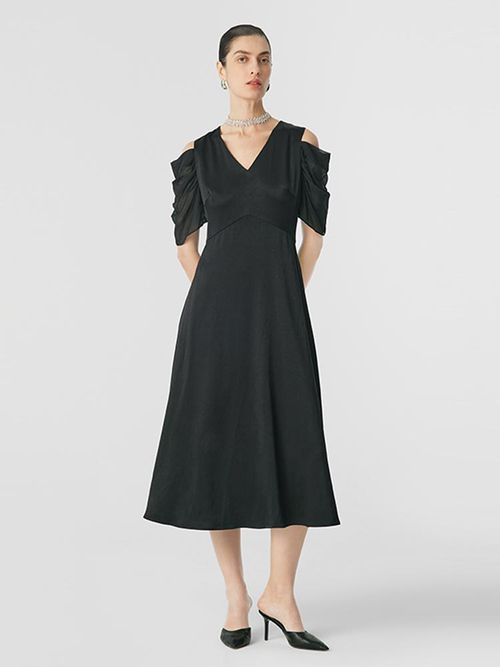 Black Triacetate Gathered Waist V-Neck Midi Dress
