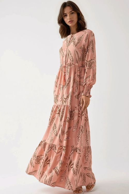 Blush Pink Printed Long Sleeve Viscose Maxi Dress Women