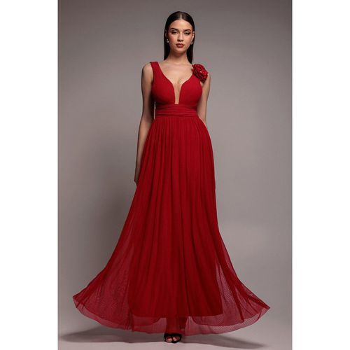 Goddiva Sleeveless Pleated Dobby Mesh Corsage Maxi Dress - Red