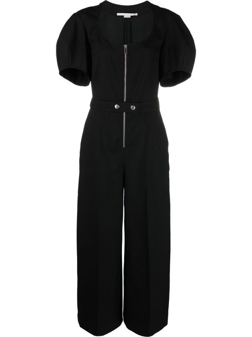 Puff-sleeve zipped wide-leg jumpsuit - Black