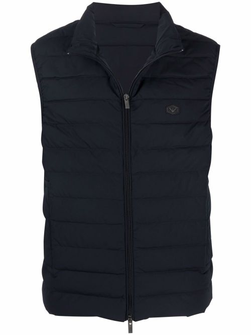 Full-zip, sleeveless quilted nylon down jacket with eagle logo patch