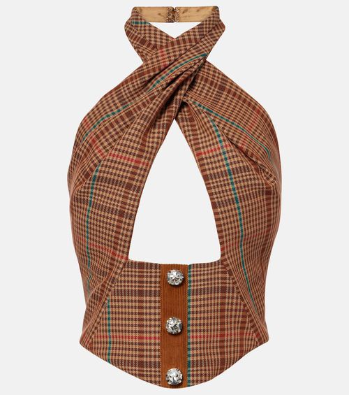 Checked halterneck wool-blend top