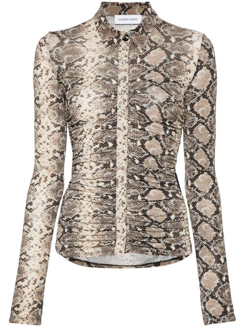 Python-print draped blouse - Brown