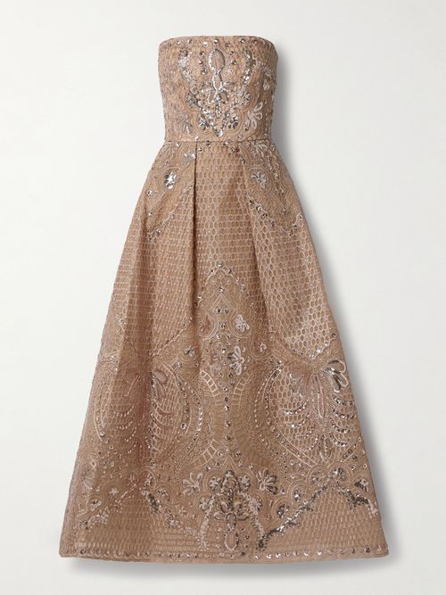 Elie Saab | Strapless Sequined Embroidered Tulle Midi Dress - Pink | Realry