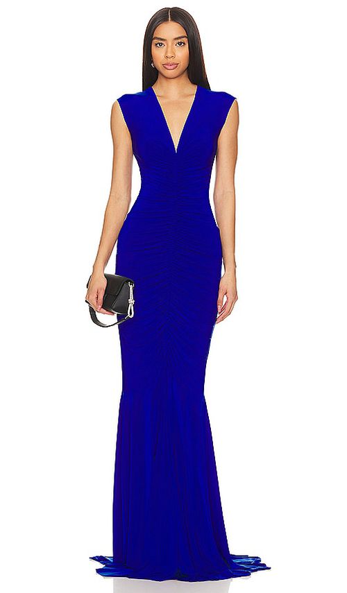 Norma Kamali Sleeveless Deep V Neck Shirred Front Fishtail Gown in Royal. XXS. Also in