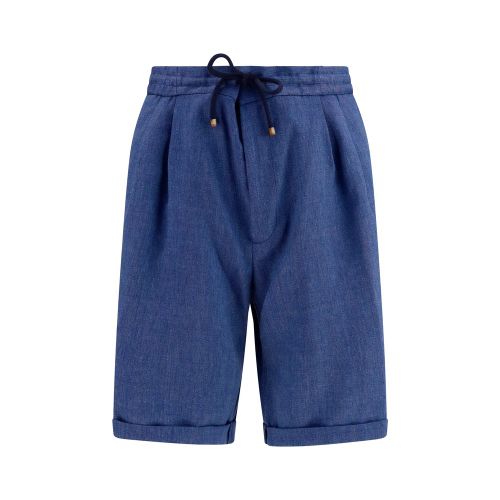 Linen and Merino Wool Chevron Bermuda Shorts — Blue