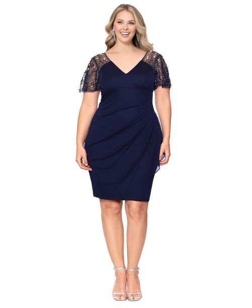 Xscape | Plus Size Beaded Flutter-Sleeve Dress - Navy | Realry