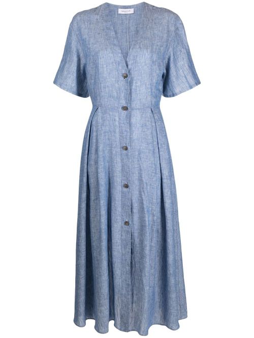 V-neck chambray linen midi dress - 5103 BLUE