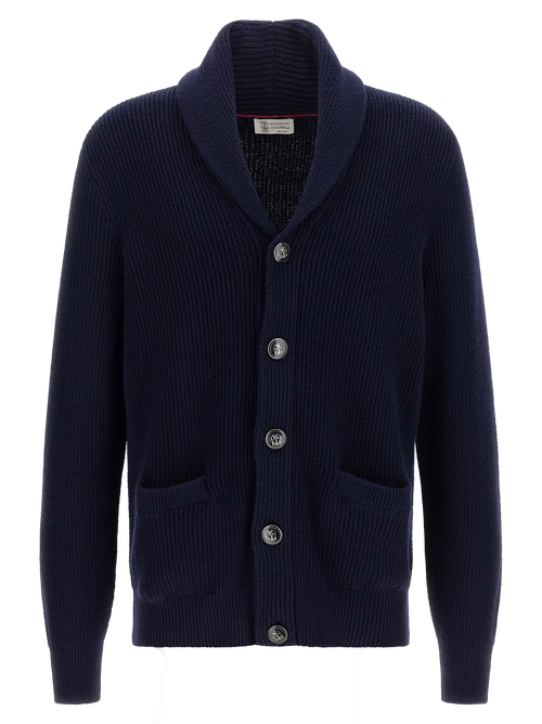 Ribbed Cotton Shawl-Neck Cardigan — Navy