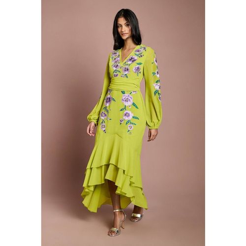 Coast Women's Petite Sequin Embellished & Embroidered Hi-Lo Maxi Dress in Chartreuse