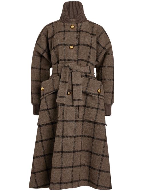 Ribbed-collar tied-waist coat - Brown