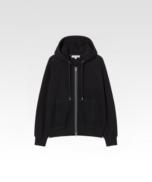 Leather Panel Waffle Zip-Up Hoodie Black