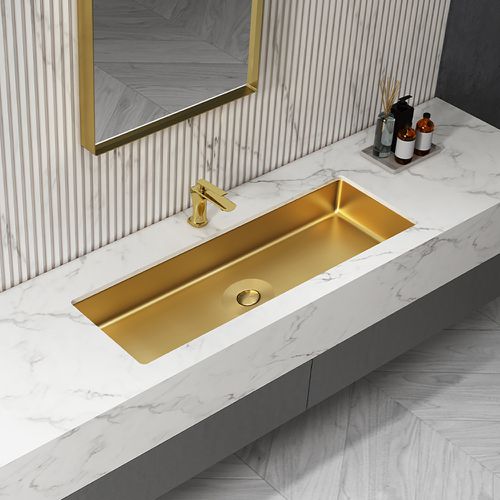 1060mm Bathroom Basin Undermount Rectangular Stainless Steel with Drain Brushed Gold
