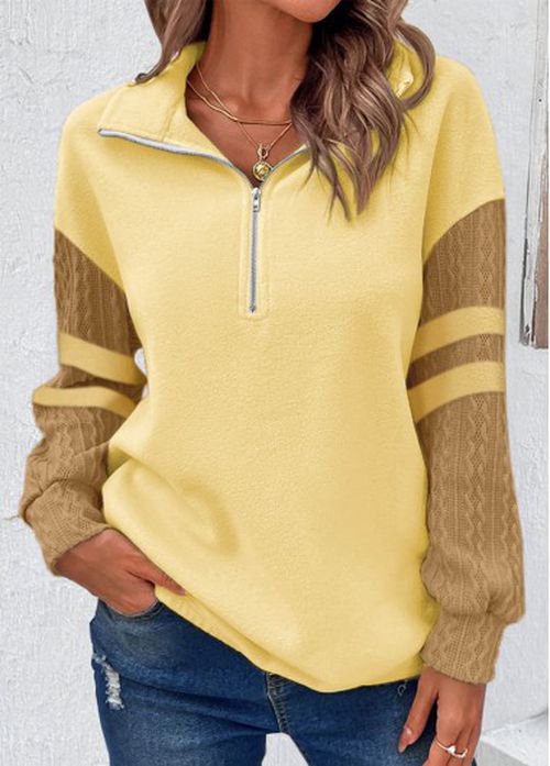 Modlily Light Yellow Zipper Long Sleeve Sweatshirt