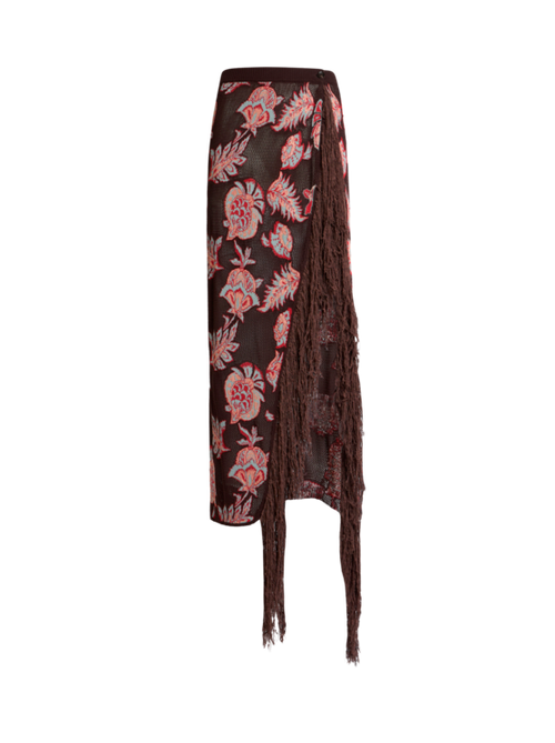 Maxi Skirt In Cotton-blend Jacquard With Fringing And Floral Motif