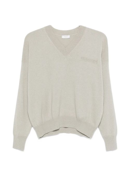 Embroidered V-Neck Sweater — Beige