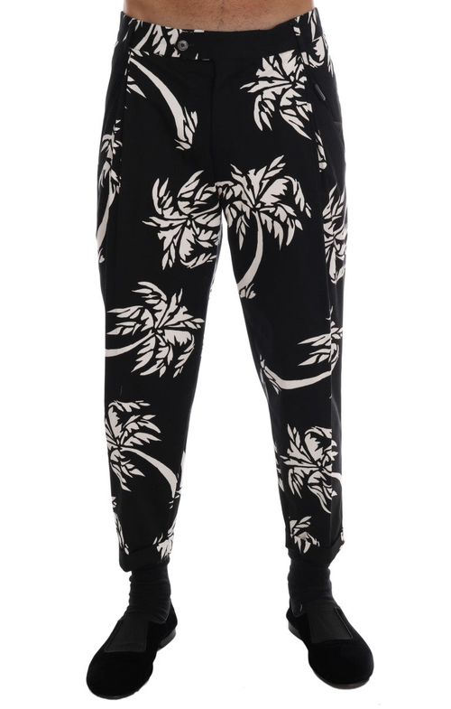 Tree-Print Cotton Stretch Trousers — Black
