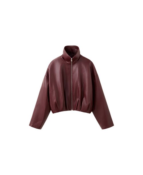 Women's Faux Leather Funnel Neck Oversized Jacket - Maroon