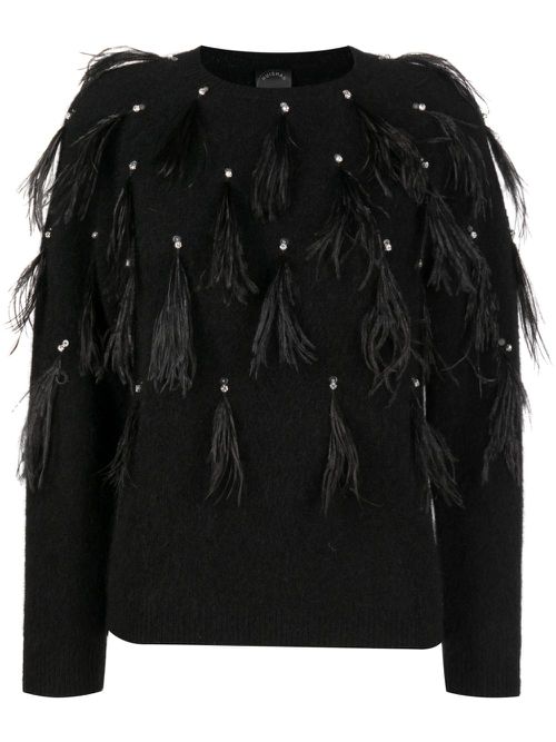 Feather-detailing crystal-embellished jumper - Black