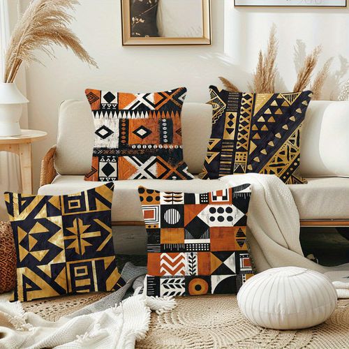 TEMU []4pcs, Short Plush African Tribal Pattern Throw Pillow Covers, *, Ethnic Style Boho Home Decor Cushion Covers With Zipper Closure