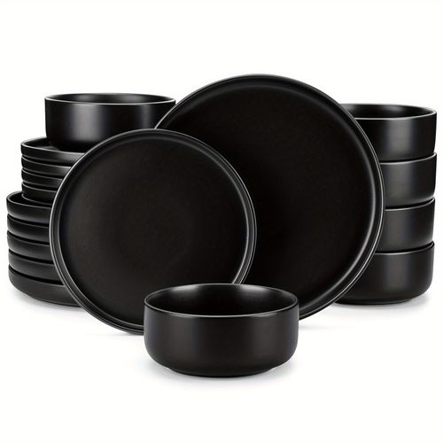 TEMU 18 Pieces Dinner Sets Stoneware Black Plates And Bowls Set Matte Glaze Tableware Service For