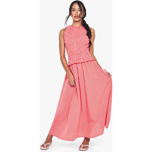 Womens Gingham Shirred Detail Drop Waist Midaxi Dress - 16, Red