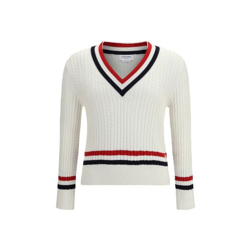 Cable-Knit V-Neck Sweater — White