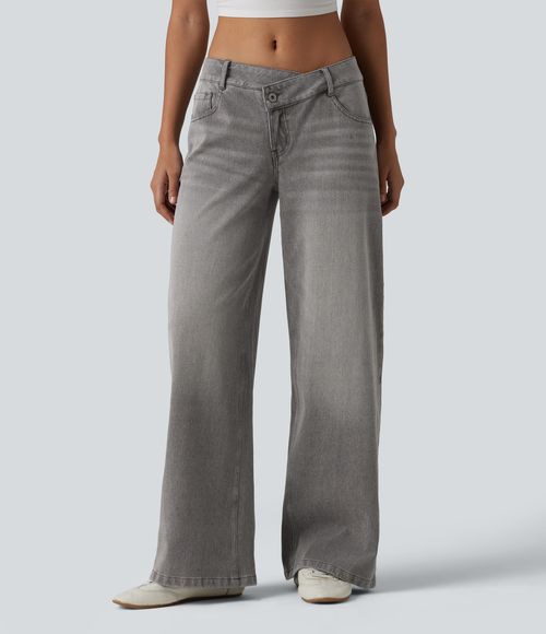 Flex™ Asymmetric Low Rise Zipper Pockets Baggy Wide Leg Washed Casual Jeans  - Drizzle Denim