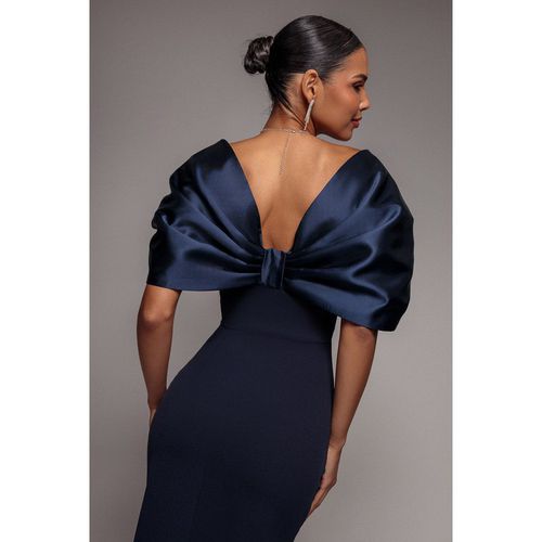 Goddiva Off Shoulder Back Satin Bow Wrap Crepe Midi Dress - Navy Blue