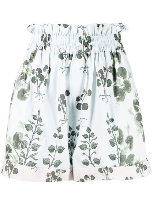 Floral-print paperbag-waist shorts - Blue