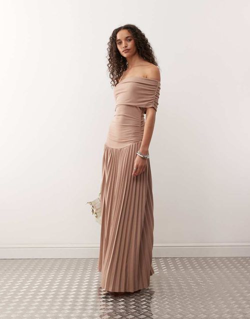Bardot ruched waist pleated drop hem maxi dress in mocha-Neutral