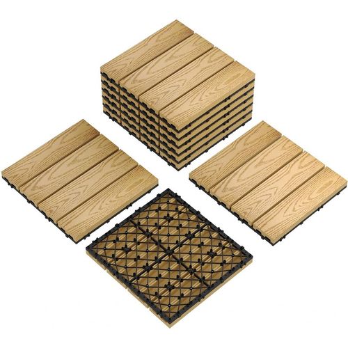 Garvee Waterproof Interwoven Deck Tiles 12"x12" 9PCS/Set for Outdoor Patio, Composite Wood-Plastic, All-Weather Snap-Together Flooring, Easy DIY Installation, Teak Color