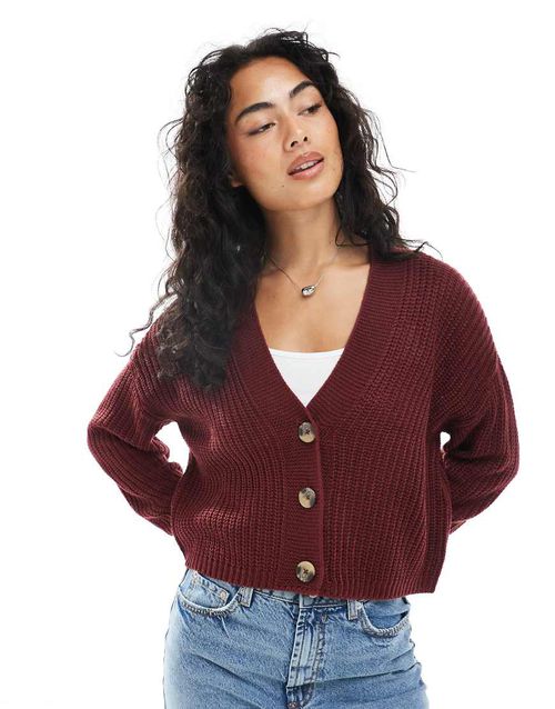 Ribbed knitted cardigan in burgundy-Red
