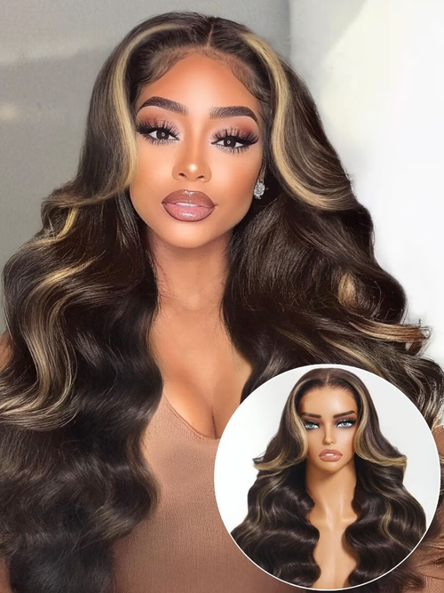 18'' Chocolate Brown With Highlights Loose Wave Wig 7X5 Bye-bye knots With Face Framing Layers Member Only