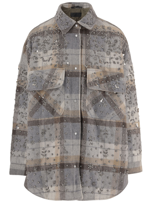 Wool Blend Shirt Jacket With Floral Embroidery