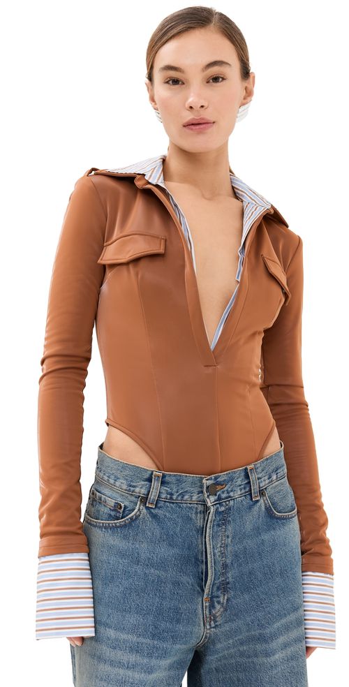 Long Sleeve Button Down Bodysuit with Poplin Dickie Caramel