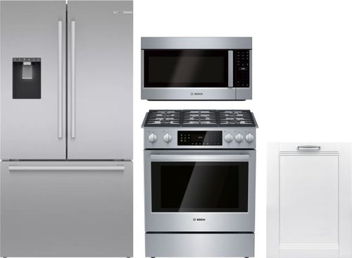 Bosch 4 Piece Kitchen Appliances Package with French Door Refrigerator, Gas Range, Over the Range Microwave and Dishwasher in Stainless Steel BORERAMW