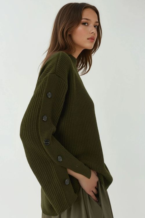 Green Thick Knit Slit And Button Detailed Sweater Women